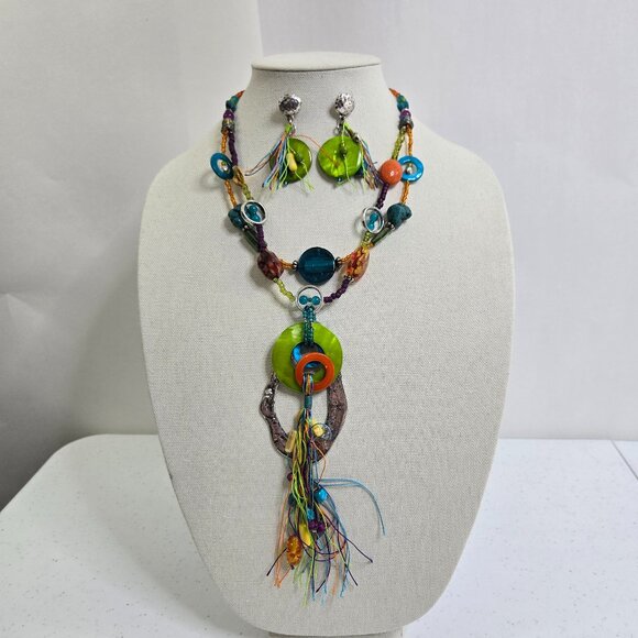 Treska Necklace Earrings Set Fringe Rainbow Shell Long Statement Boho Beaded - Picture 1 of 9